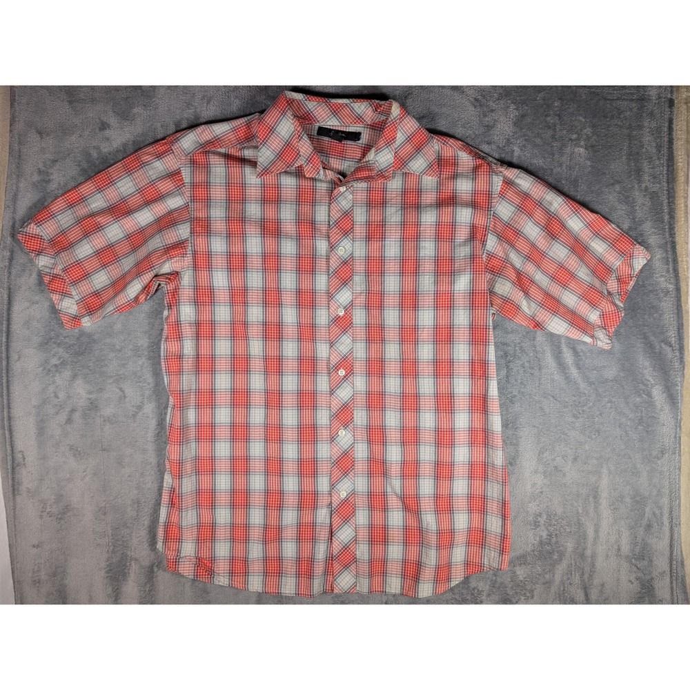 Sean John Mens XL Plaid Short Sleeve Button Down Shirt Red White Gray Cotton